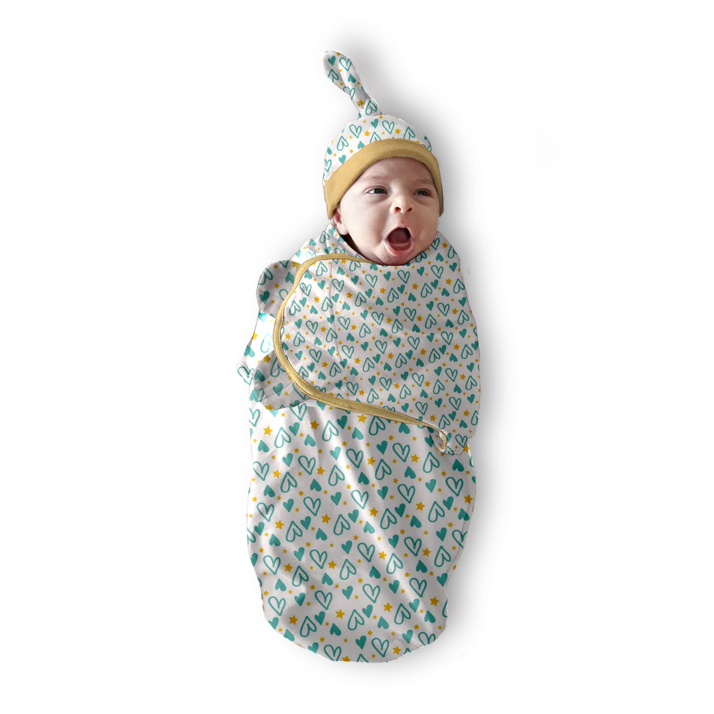 Polka Tots Heart Print Swaddle wrap with Cap - Blue