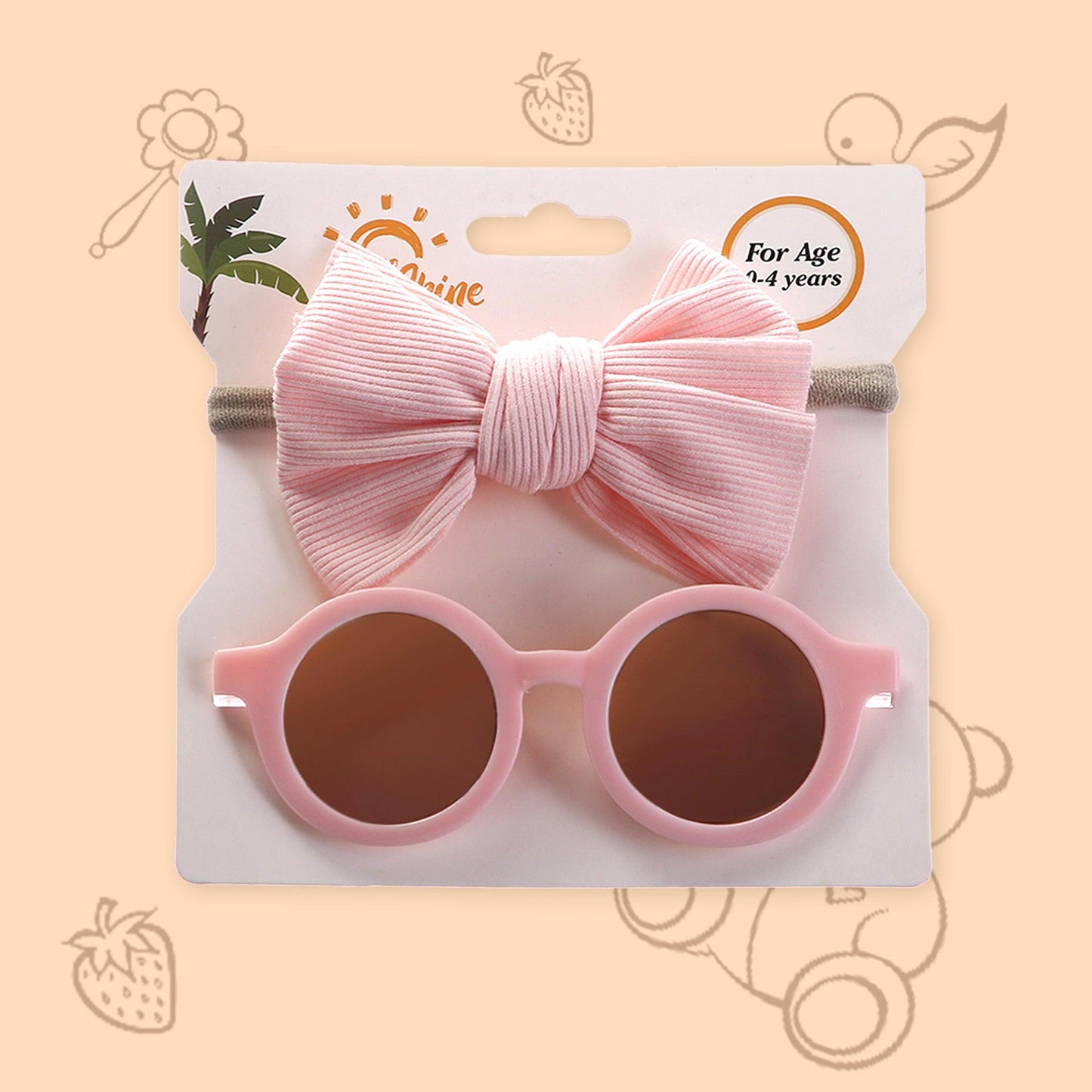 Polka Tots Baby Girls Bow Headband and Round Sunglasses Set with 5 Cute Embellishments - Baby Pink