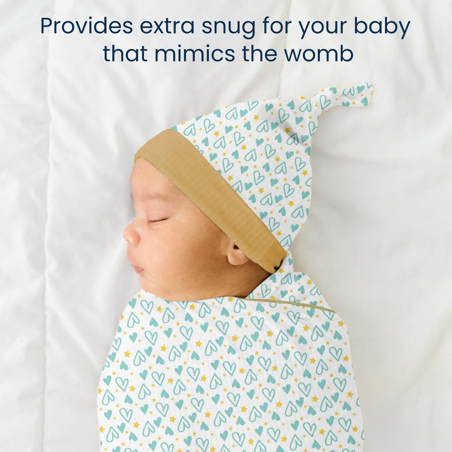 Polka Tots Heart Print Swaddle wrap with Cap - Blue