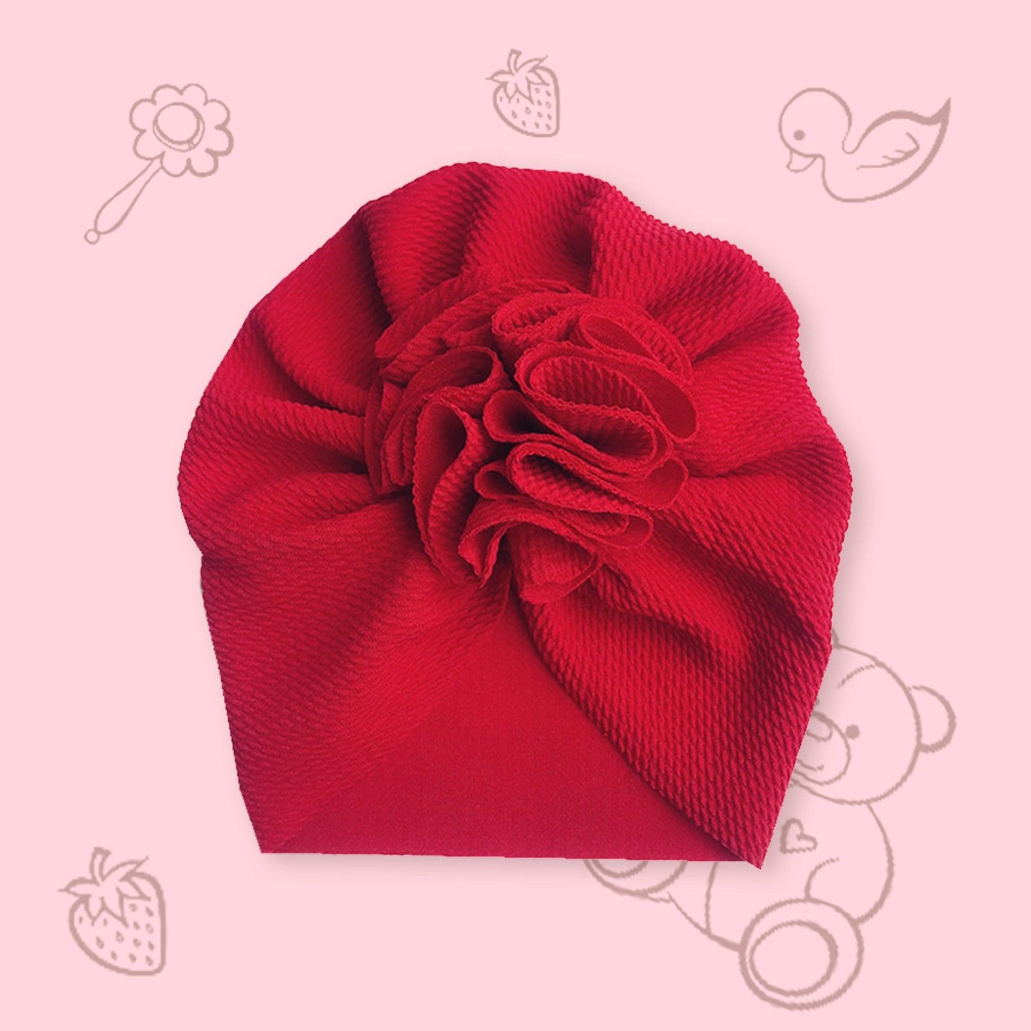 Polka Tots Baby Girls Cotton Knit Solid Flower Headband Cap - Red