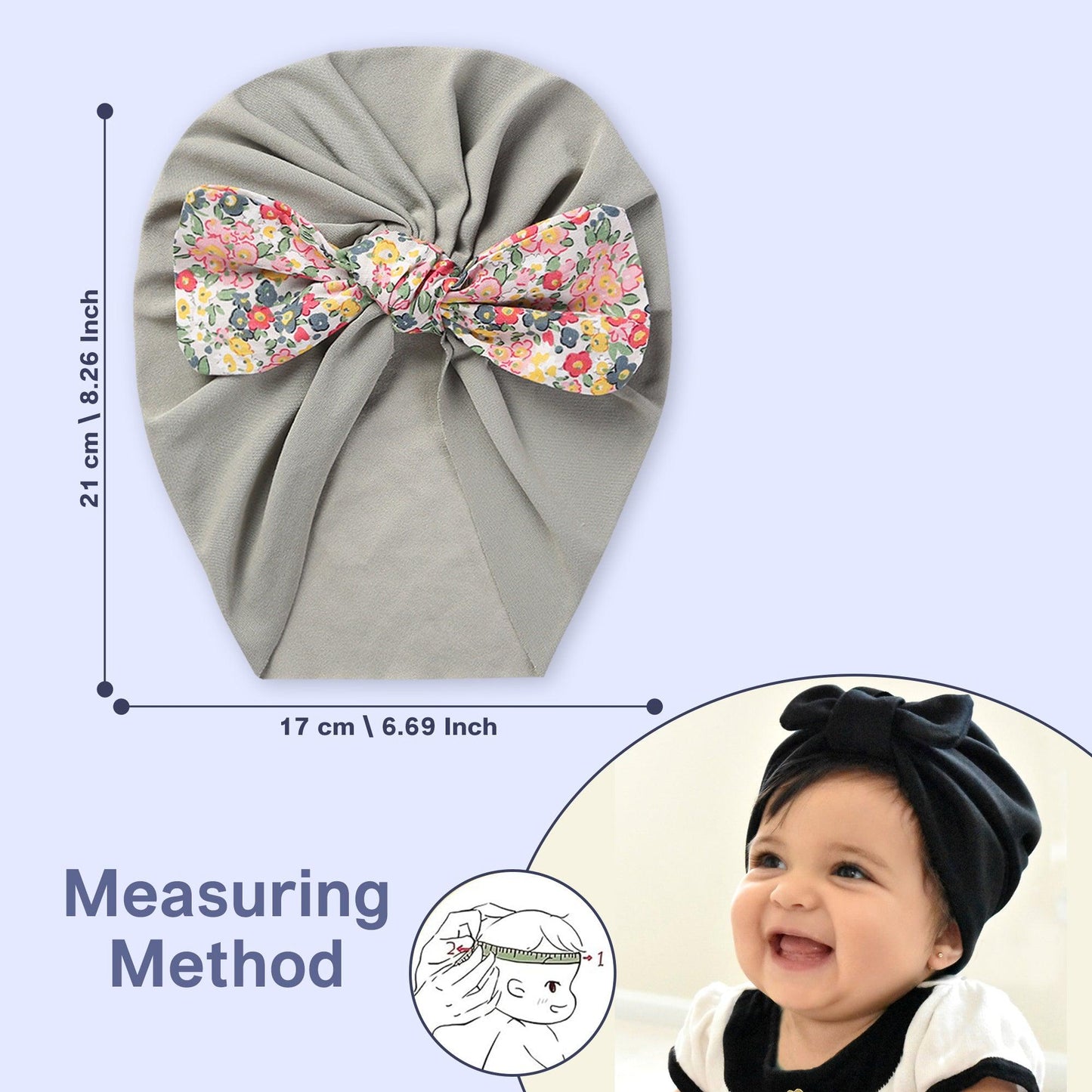 Polka Tots Baby Girls Floral Print Bow Headband Cap - Grey