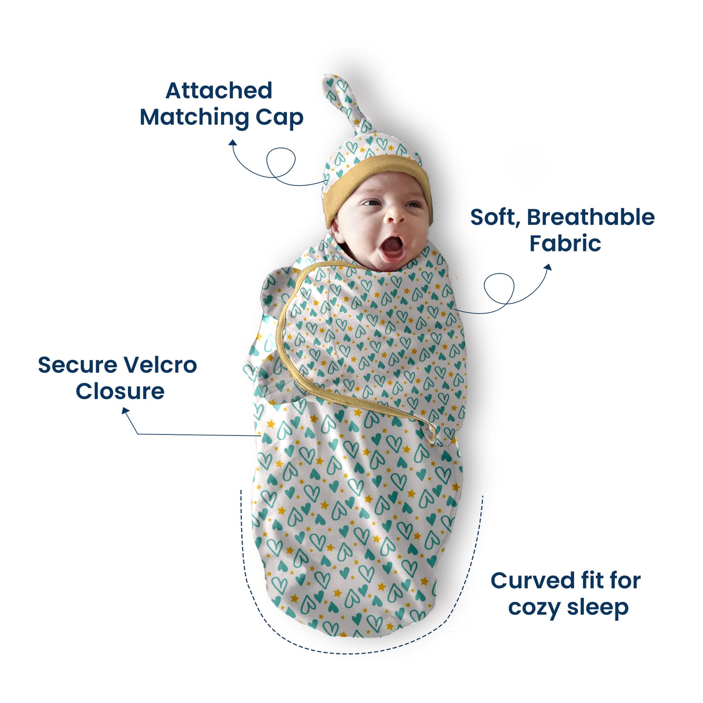 Polka Tots Heart Print Swaddle wrap with Cap - Blue