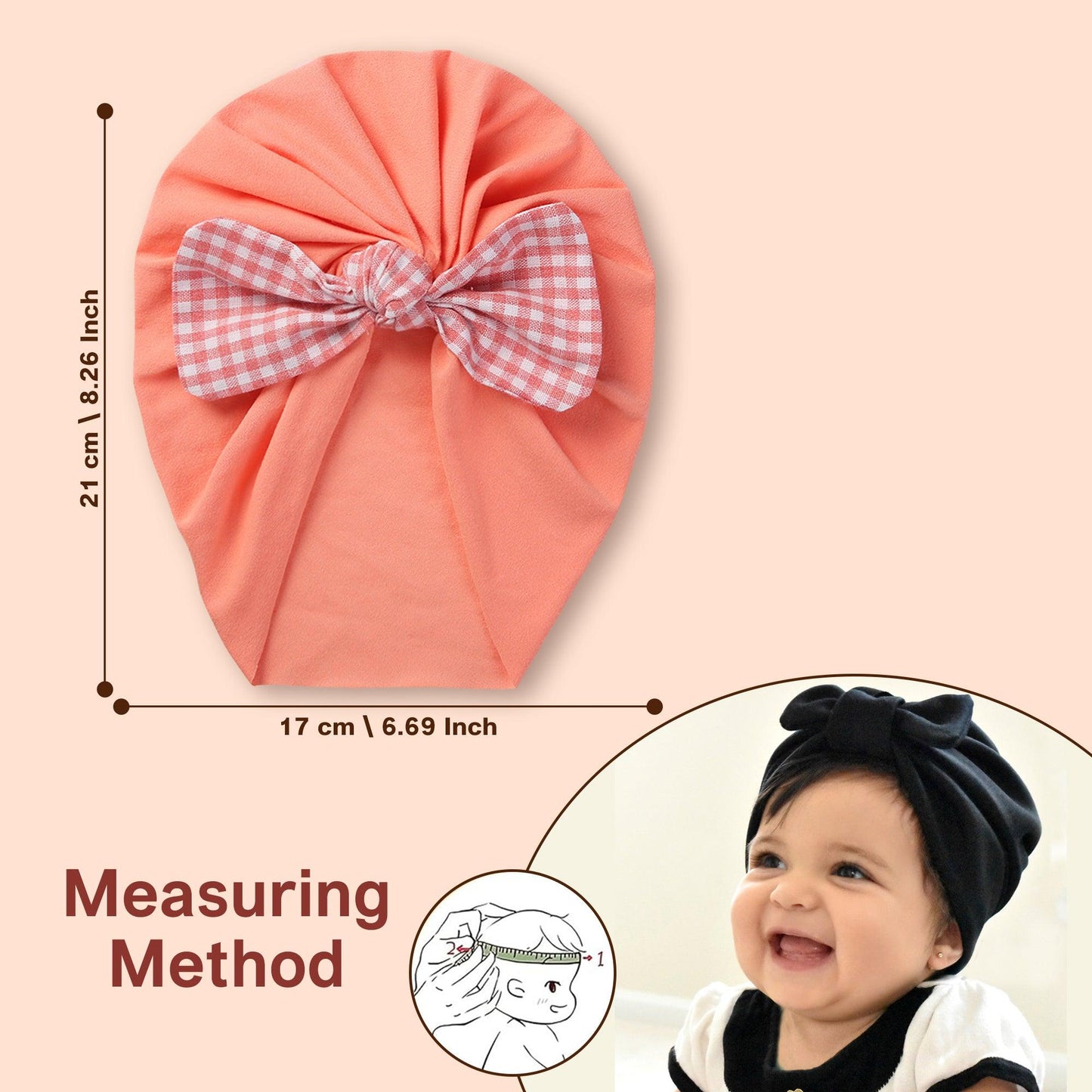 Polka Tots Baby Girls Checks Print Bow Headband Cap - Peach