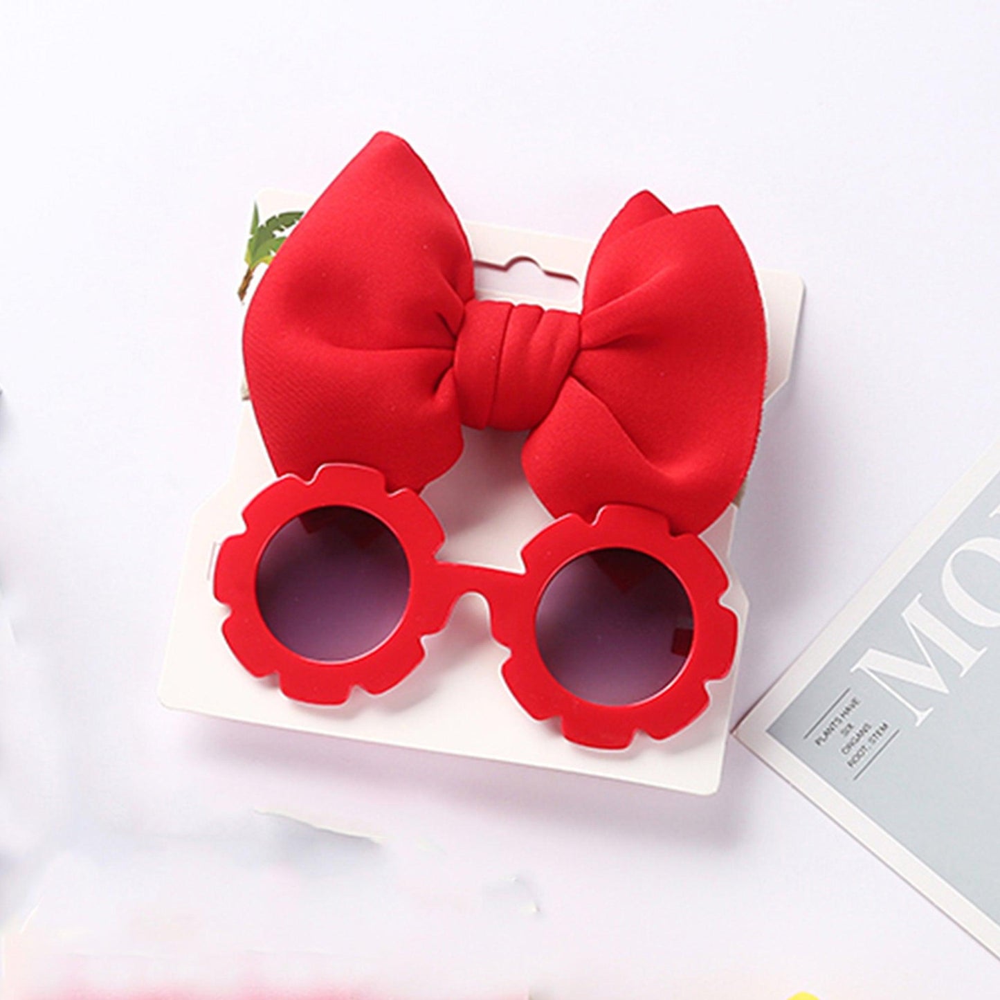 Polka Tots Baby Girls Bow Headband with Flower Shaped Sunglasses Set - Red