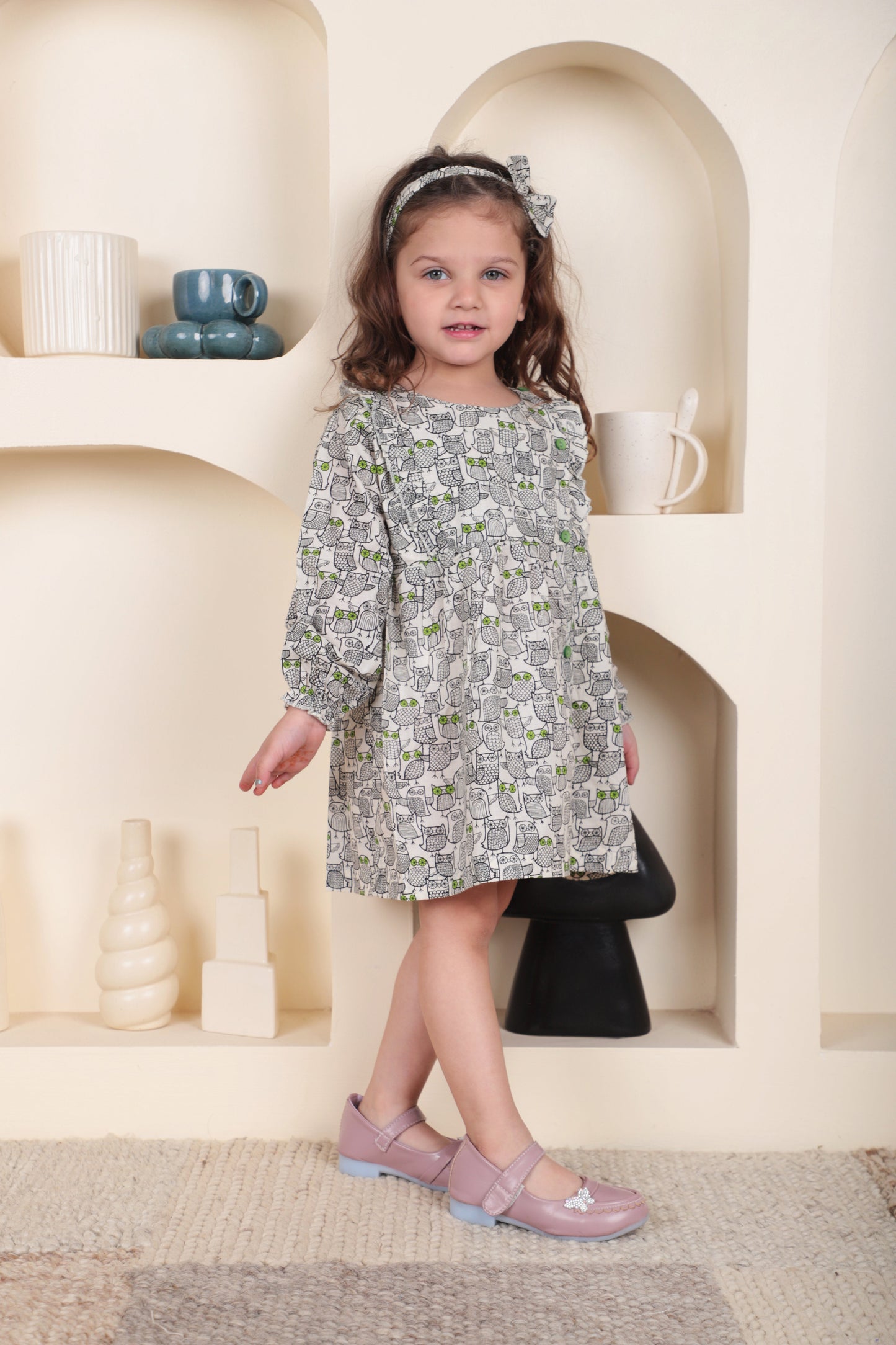Polka Tots Full sleeve Owl print Frock with Headband - Black