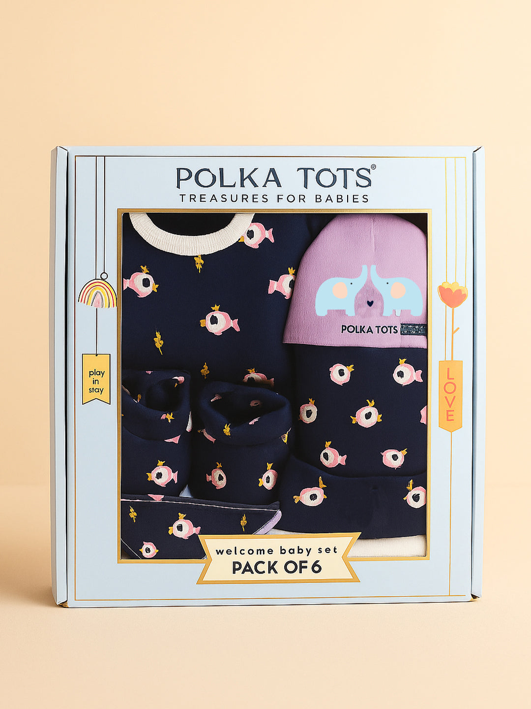 Polka Tots Pack of 6 Elephant Print Mini Newborn Gift Hamper Set - Navy