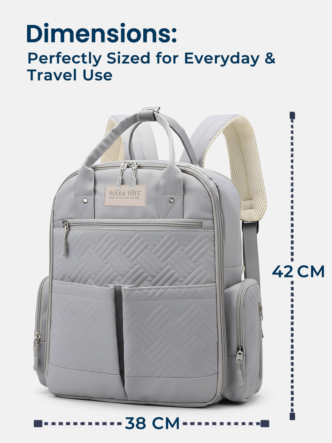 Gray backpack with dimensions labeled on a white background