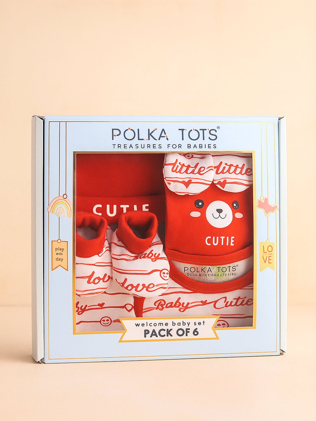 Polka Tots Pack of 6 Love Print Mini Newborn Gift Hamper Set - Red
