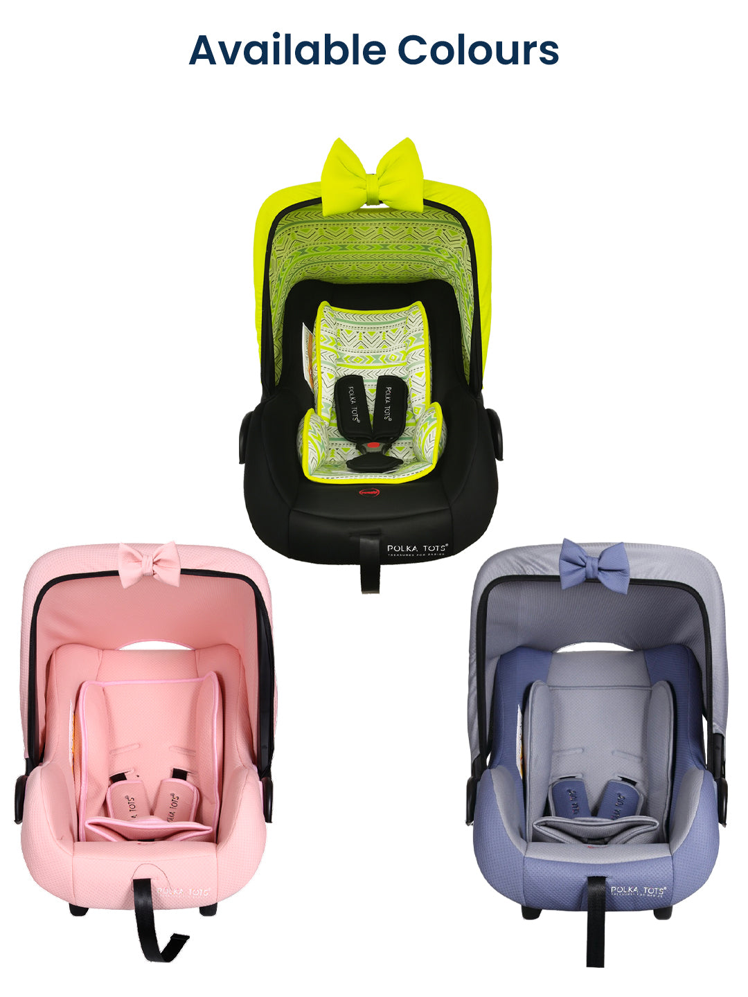 Three baby car seats in different colors with visible brand name on a white background.