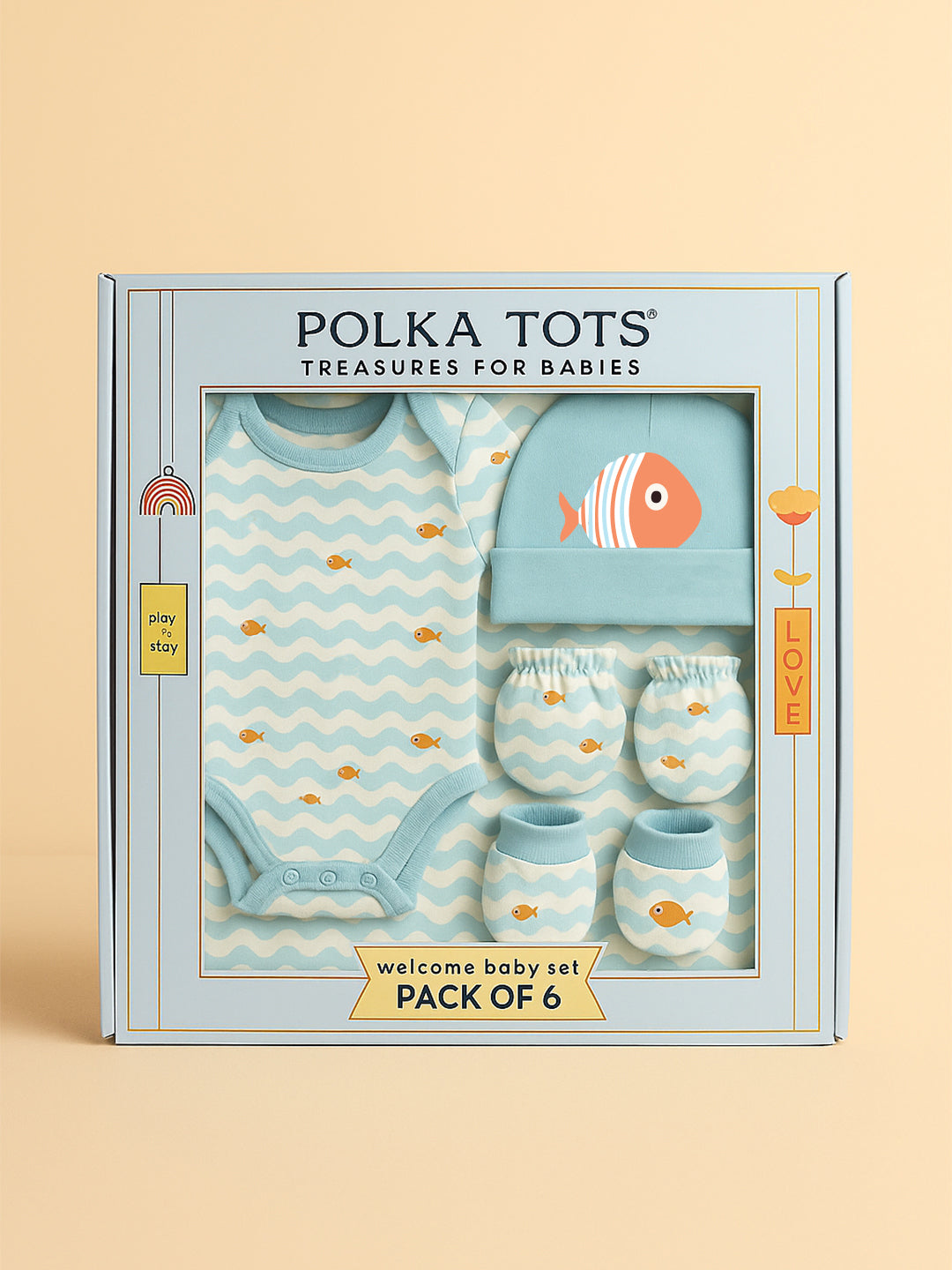 Polka Tots Pack of 6 Wave Print Mini Newborn Gift Hamper Set - Blue