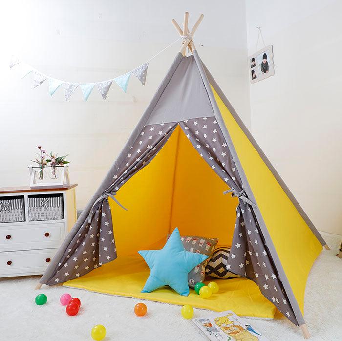 Kids Teepee Tent with Non Slip Padded Mat Yellow Star Polka