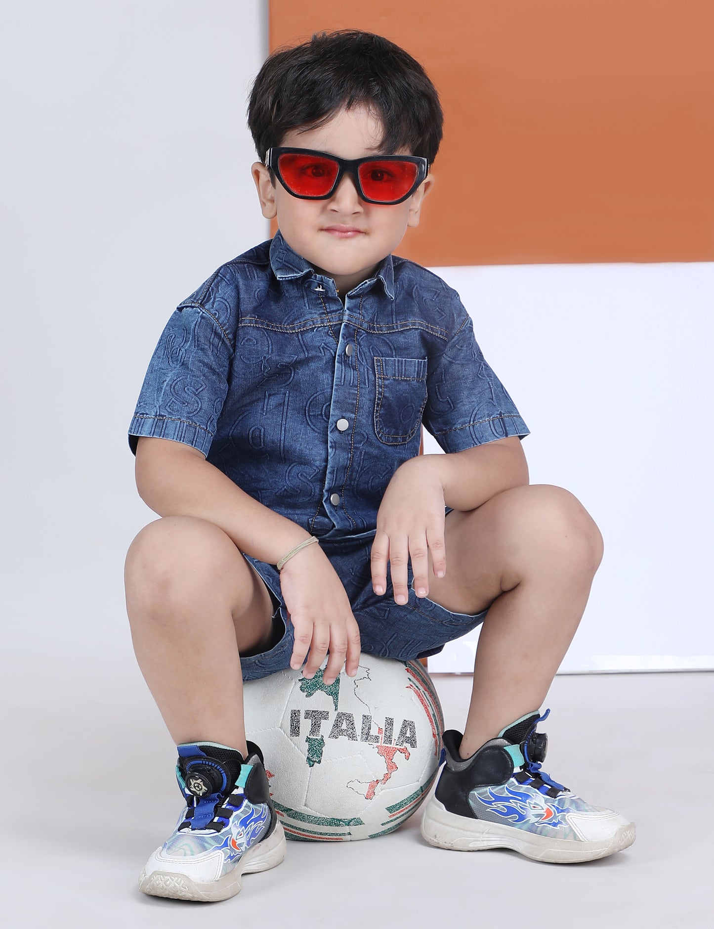 Polka Tots Half Sleeves Alphabet Print Denim co-ord set - Blue