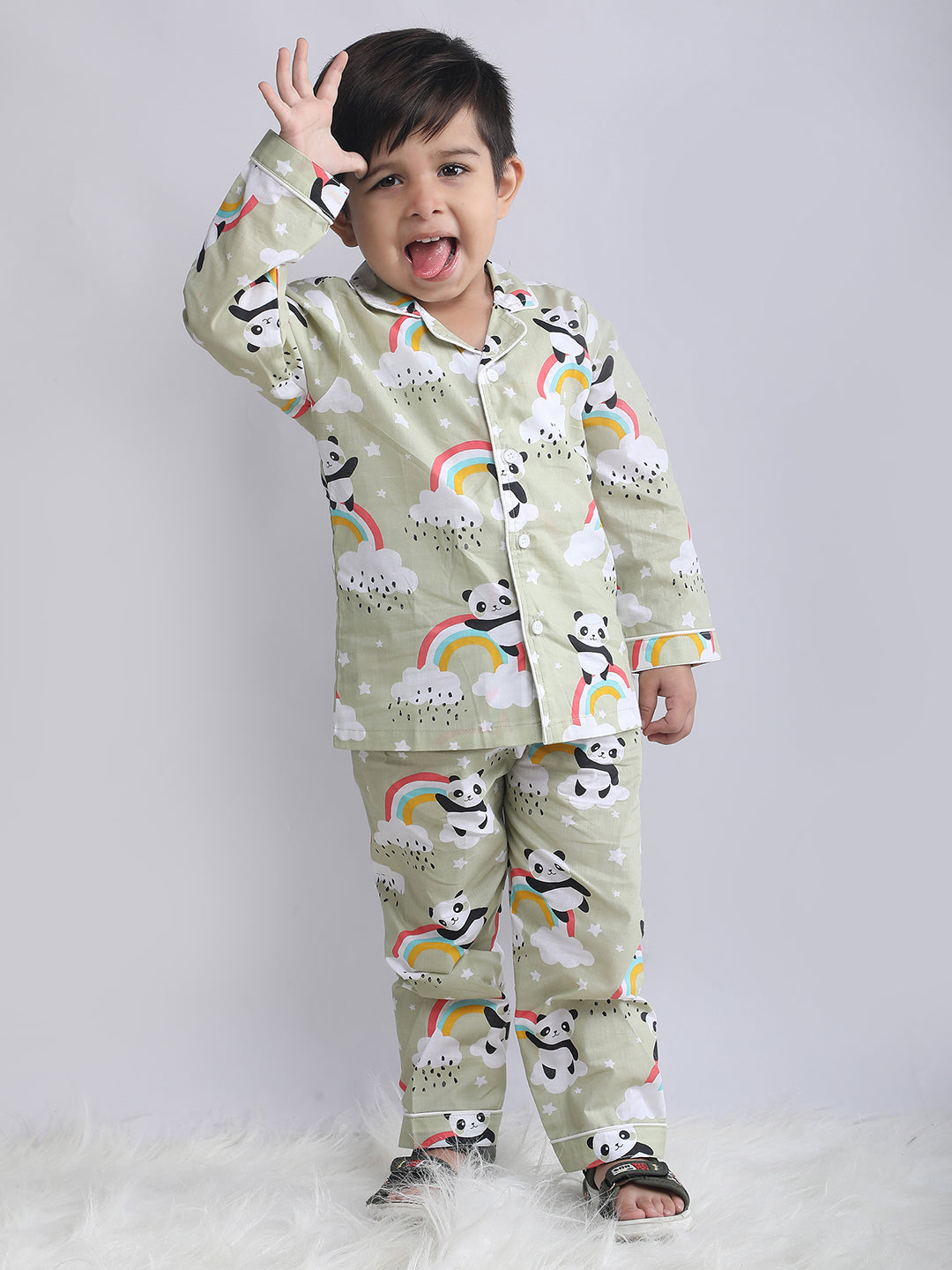 Polka Tots Full sleeve Panda Rainbow Print Night suit - Green