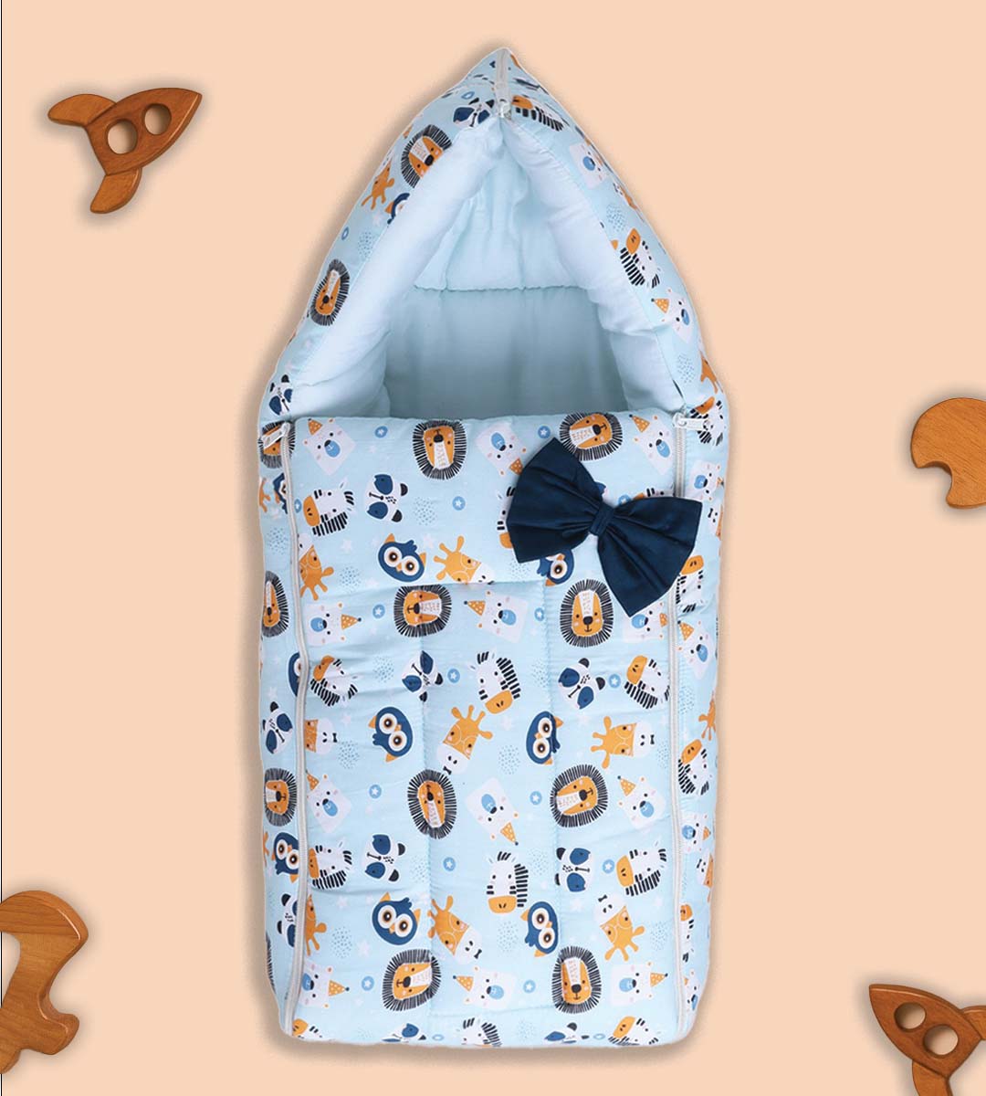 Polka Tots Baby Sleeping Nest Cotton Carry Pod Bedding for Newborn Sleeping  Bag with a Bow Lion print Blue - Main Image