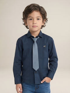 Polka Tots Full Sleeves Cotton self textured Shirt with Tie - Navy