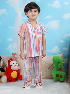 Polka Tots Half sleeves Stripes print Night Suit - Pink/Orange