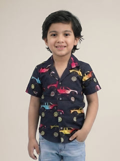 Polka Tots Half Sleeves Jeep print Shirt - Black