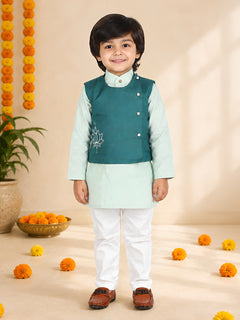 Polka Tots Full sleeves Lotus Embroidery Koti Kurta Pyjama - Green