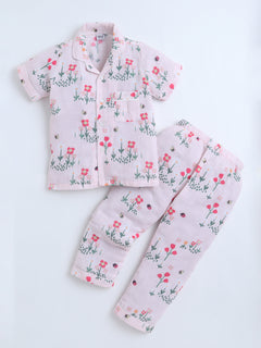 Polka Tots Half Sleeve Muslin Floral print Night Suit- Pink