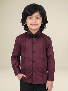 Polka Tots Full Sleeves Cotton Satin Shirt with Bow Tie - Maroon