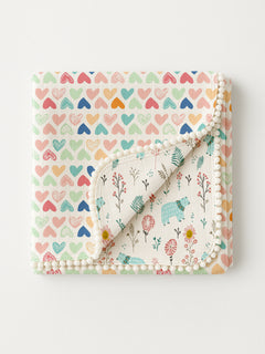 Polka Tots 100% Soft Muslin Cotton 3-Layer Reversible Baby Blanket/Dohar with Pom-Pom Lace - Mini Hearts & Bloomy Bear Print