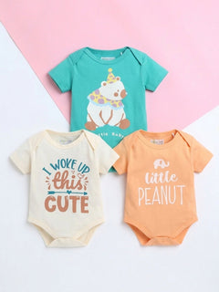 Polka Tots Pack of 3 Soft Cotton Ruffle Half Sleeves Baby Onesies – Quote Prints (Multicolor)