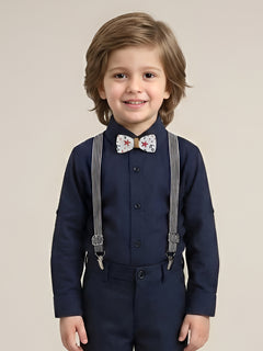 Polka Tots plain party shirt with wood bow tie and stripe suspender - Blue