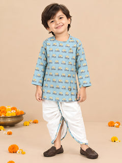 Polka Tots Cotton Full Sleeve Auto Rickshaw Angrakha Top With Dhoti - Blue