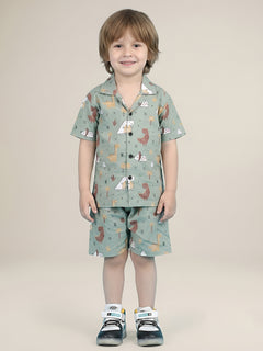 Polka Tots Half Sleeves Dinosaur print Shirt Shorts - Green