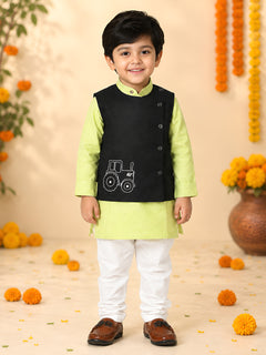 Polka Tots Full sleeves Tractor Embroidery Koti Kurta Pyjama - Green