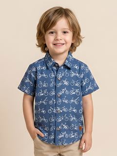 Polka Tots Half Sleeve Shirt Cycle Print - Blue