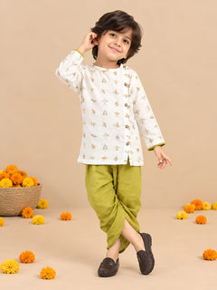 Polka Tots Cotton Full Sleeve Airplane Print Angrakha Top With Dhoti - Green