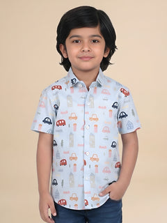 Polka Tots Half Sleeves Vehicles print Shirt - Blue