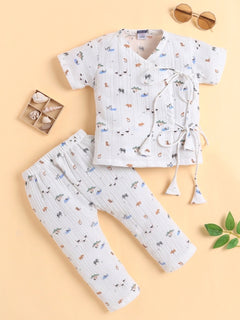 Polka Tots Wrinkled Muslin Cotton Jungle Safari Print Kediya Jhabla & Pant Set - White