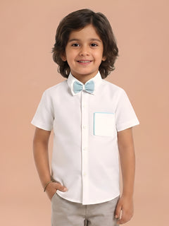 Polka Tots Half Sleeve plain Shirt with Dual Bow Tie - White