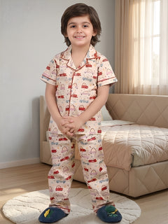 Polka Tots Half sleeves Car print Night Suit - Yellow