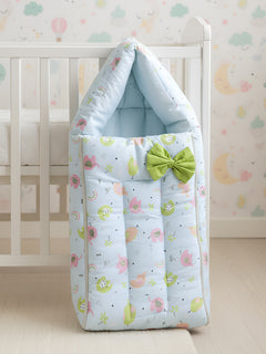 Polka Tots Baby Sleeping Nest Cotton Carry Pod Bedding for Newborn Sleeping Bag with a Bow -Elephant print Blue