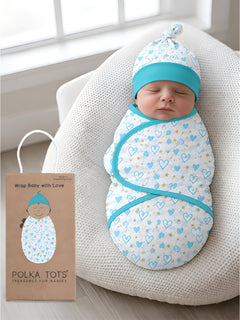 Polka Tots Heart Print Swaddle wrap with Cap - Blue