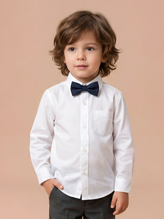 Polka Tots Full Sleeves Cotton Shirt with Bow Tie - White
