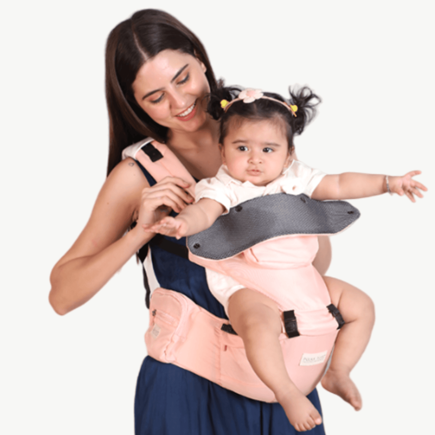 Polka Tots 6-in-1 Hip Seat Baby Carrier with Airbag, Extra Cushioning for C-Section Moms, Waist Belt up to 47 Inches with Lumbar Support (Peach)