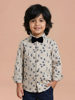 Polka Tots Full Sleeve Lycra Shirt Alphabet Print with Bow Tie Cream