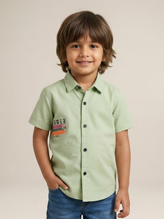 Polka Tots Cotton Regular Fit Half Sleeve Summer USA Metallic Print Shirt - Pista Green