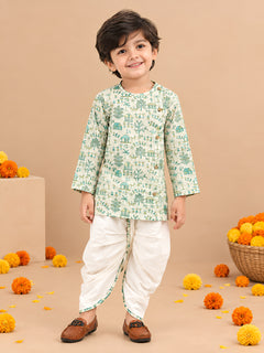 Polka Tots Cotton Full Sleeve Village Print Angrakha Top With Dhoti - Cream