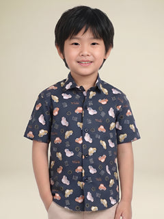 Polka Tots Half Sleeves Lets Go Travel print Shirt - Navy