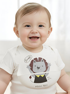 Polka Tots Waterproof Silicone Bibs with Pocket and Adjustable Snaps (White Lion)