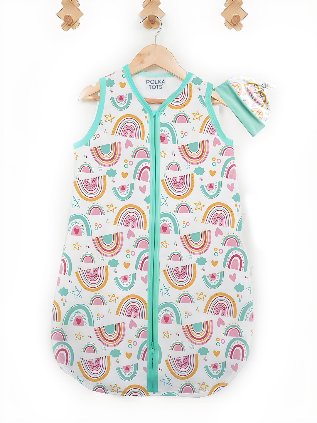 Polka Tots 100% Soft Cotton Rainbow Print Sleeping Bag with Cap - Multicolor