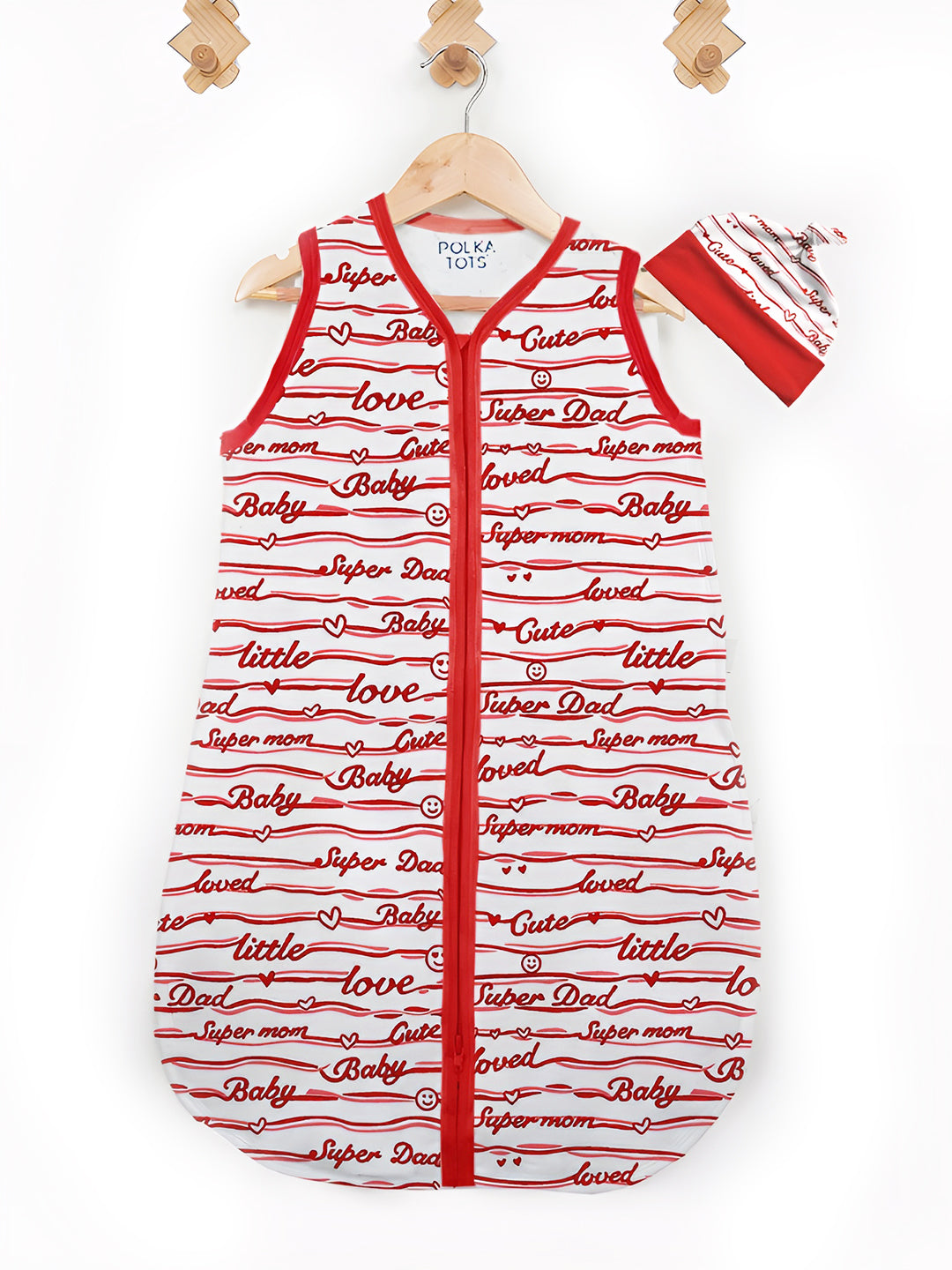 Polka Tots 100% Soft Cotton Baby Love Print Sleeping Bag with Cap - Red