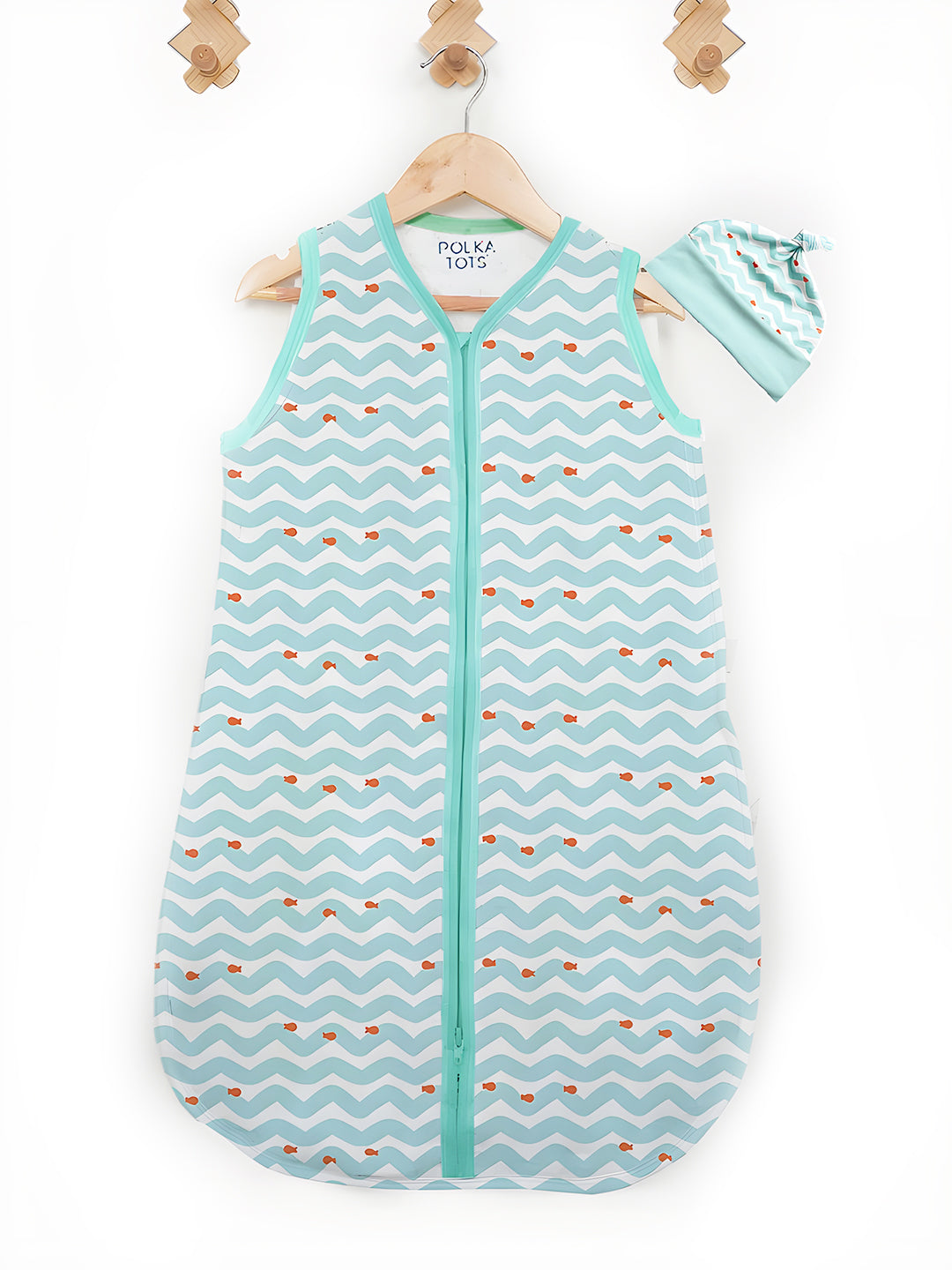 Polka Tots 100% Soft Cotton Wave Print Sleeping Bag with Cap - Blue