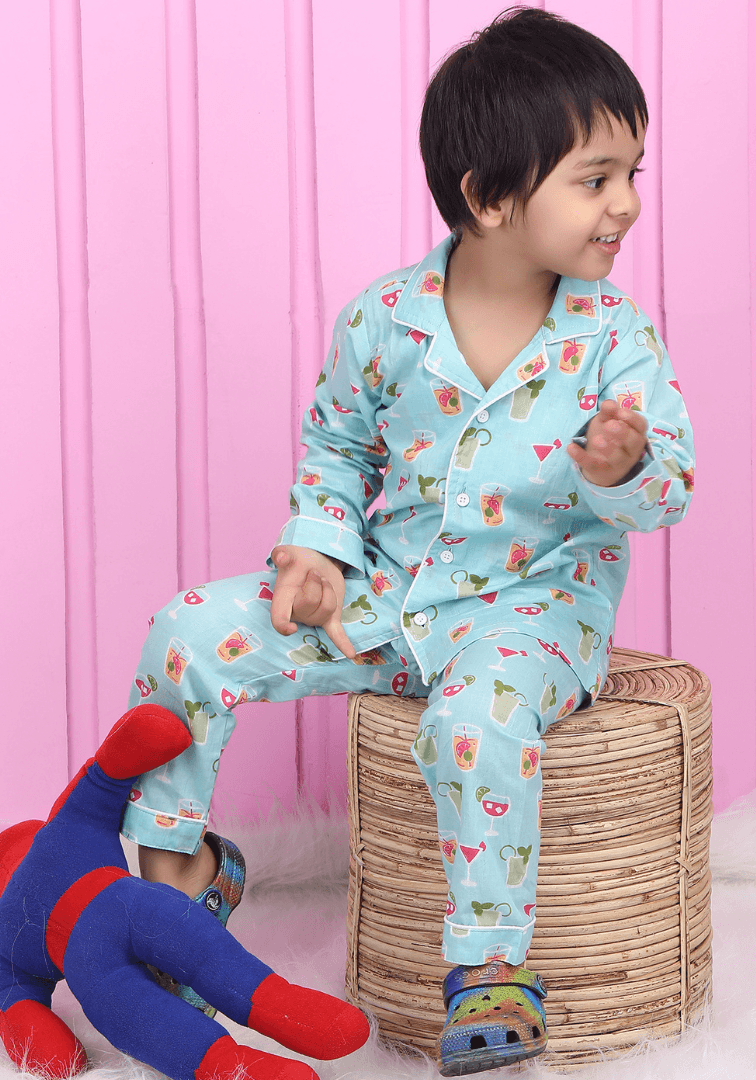 Polka Tots Full sleeves Juice print Night Suit - Blue
