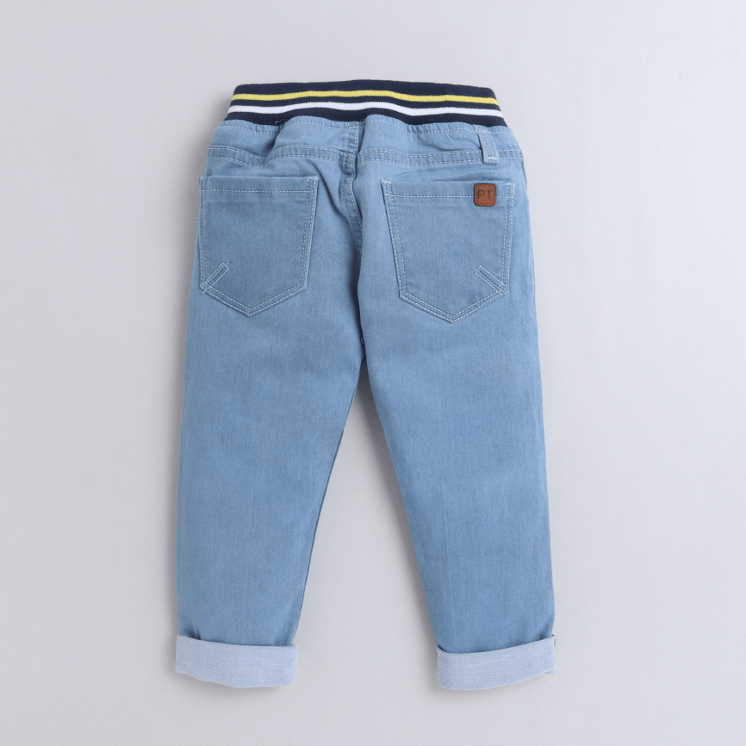 Polka Tots Teddy Design Elasticated Waist Jeans - Blue